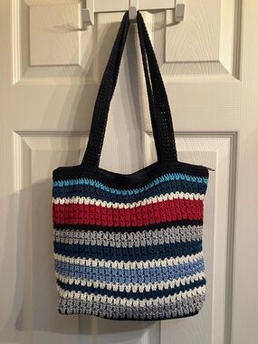 The Sak Striped Crochet Tote Bag in Navy, Red, White